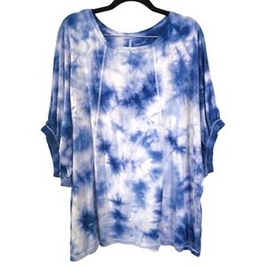 Calvin Klein Performance Stretch Tie Dye Batwing Short Sleeve Top Blue White 1X